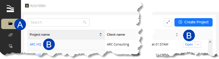 User interface showing project details and options for creating a new project.